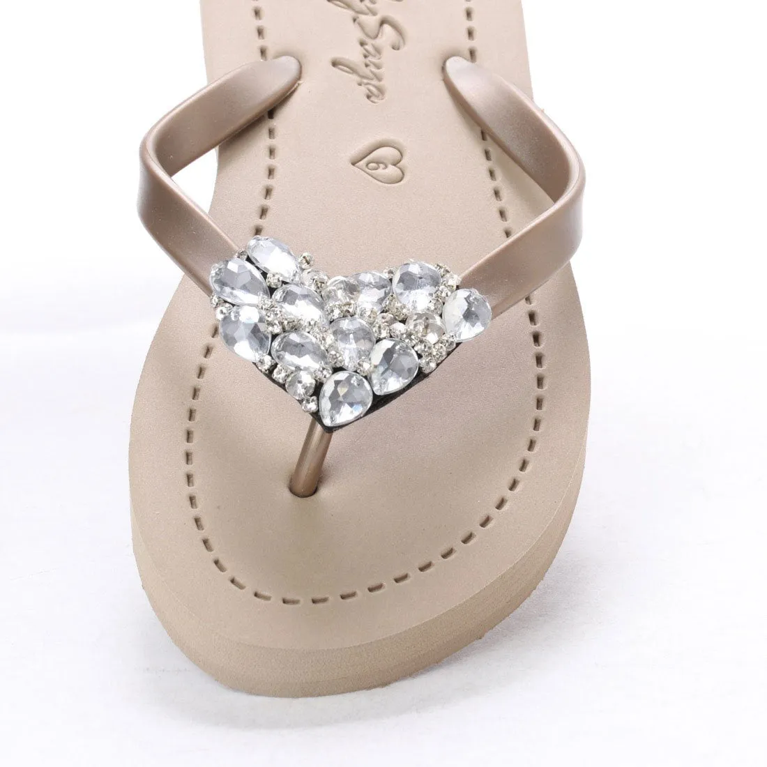 Crystal Heart - Rhine Stone Embellished Women's Flat Flip Flops Sandal