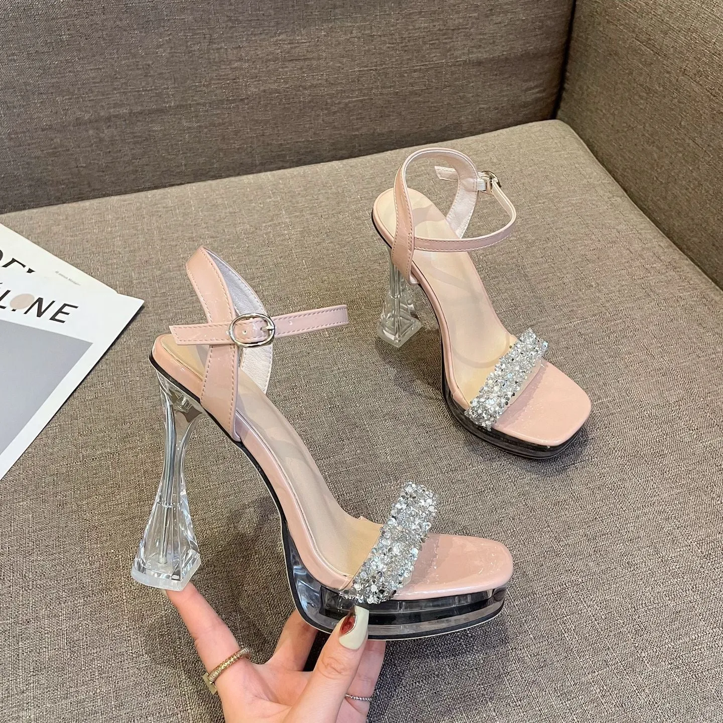 DEANWANGK  688-3 Super High Heels Nightclub Sexy Waterproof Platform Thick Heel Fashionable All-Match Transparent Crystal Rhinestone Sandals Summer