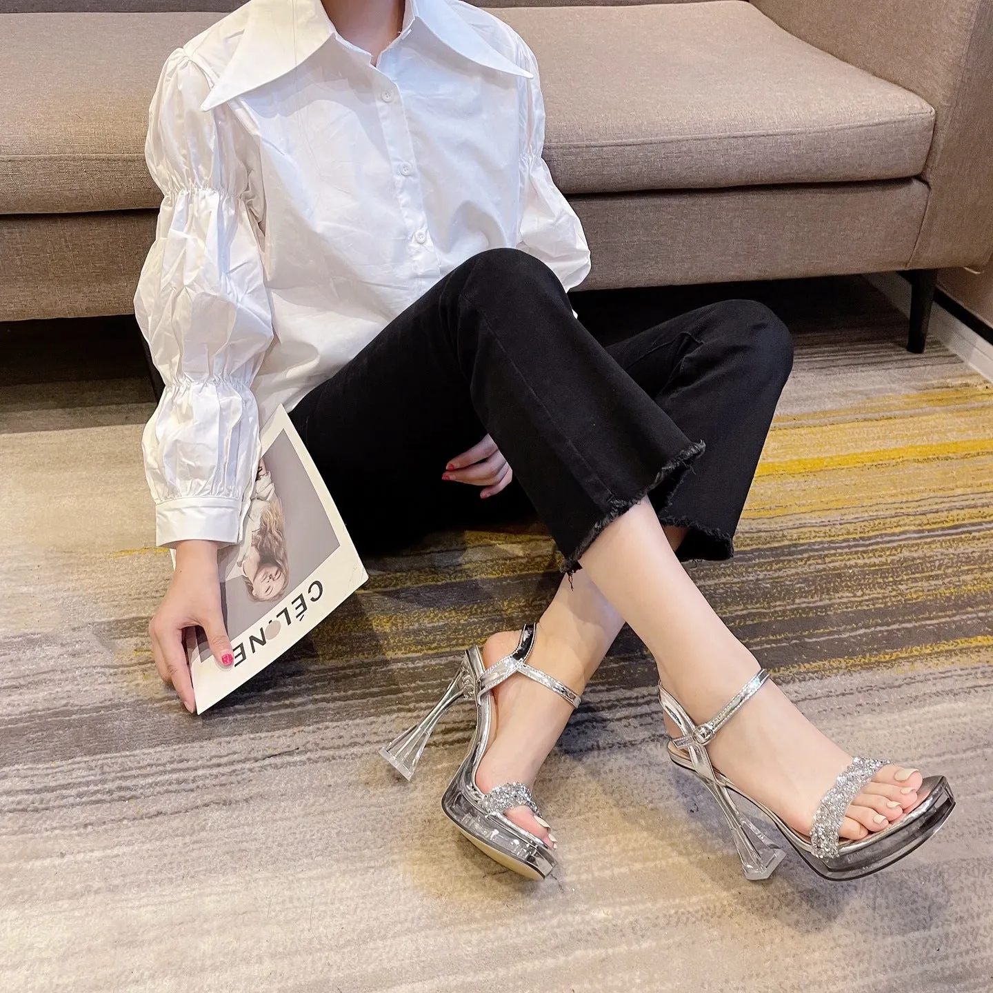 DEANWANGK  688-3 Super High Heels Nightclub Sexy Waterproof Platform Thick Heel Fashionable All-Match Transparent Crystal Rhinestone Sandals Summer