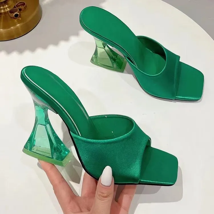 DEANWANGKT  Cross-Border New Arrival plus Size High Heel Sandals Solid Color Crystal Heel Satin European and American Za  Fashion Sandals Heel