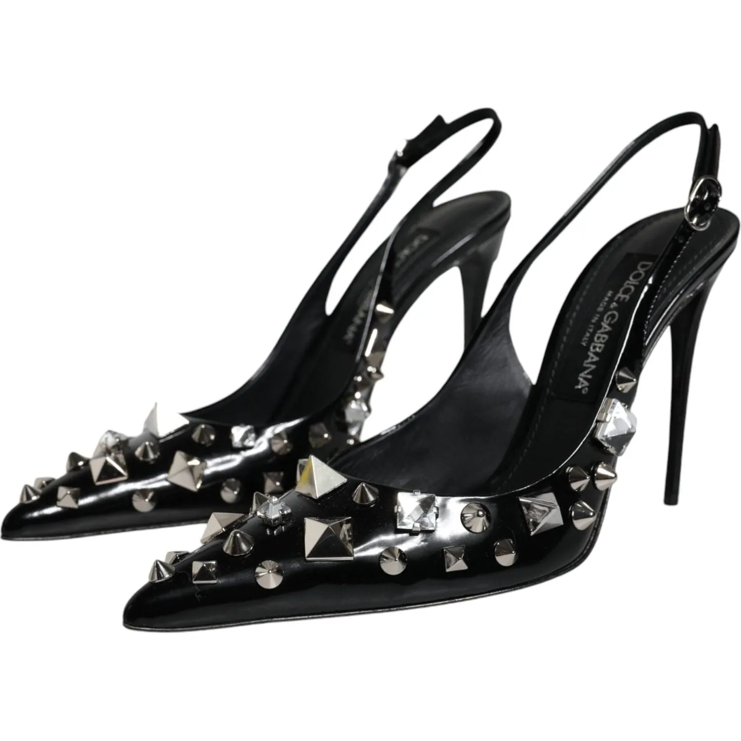 Dolce & Gabbana Black Leather Crystal Stud Slingback Shoes