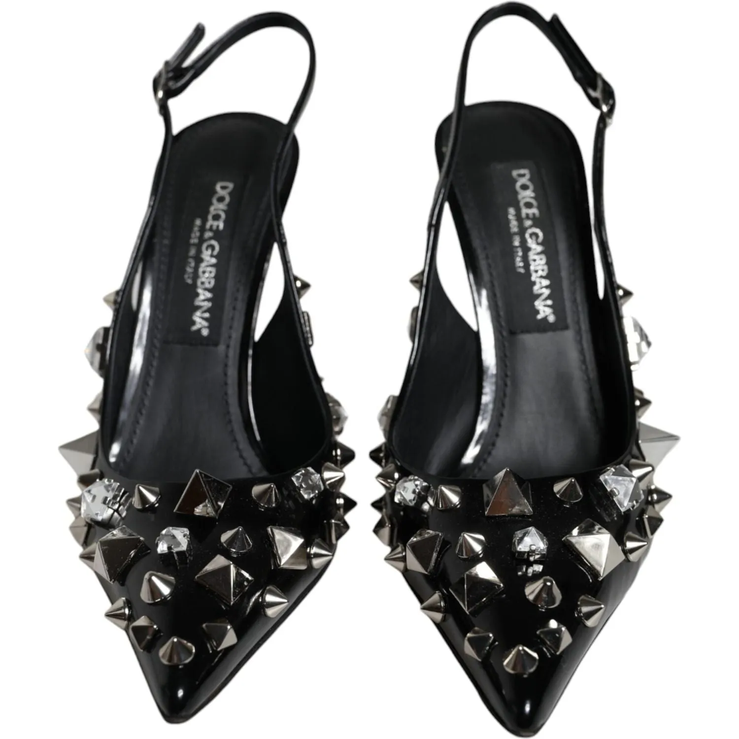 Dolce & Gabbana Black Leather Crystal Stud Slingback Shoes