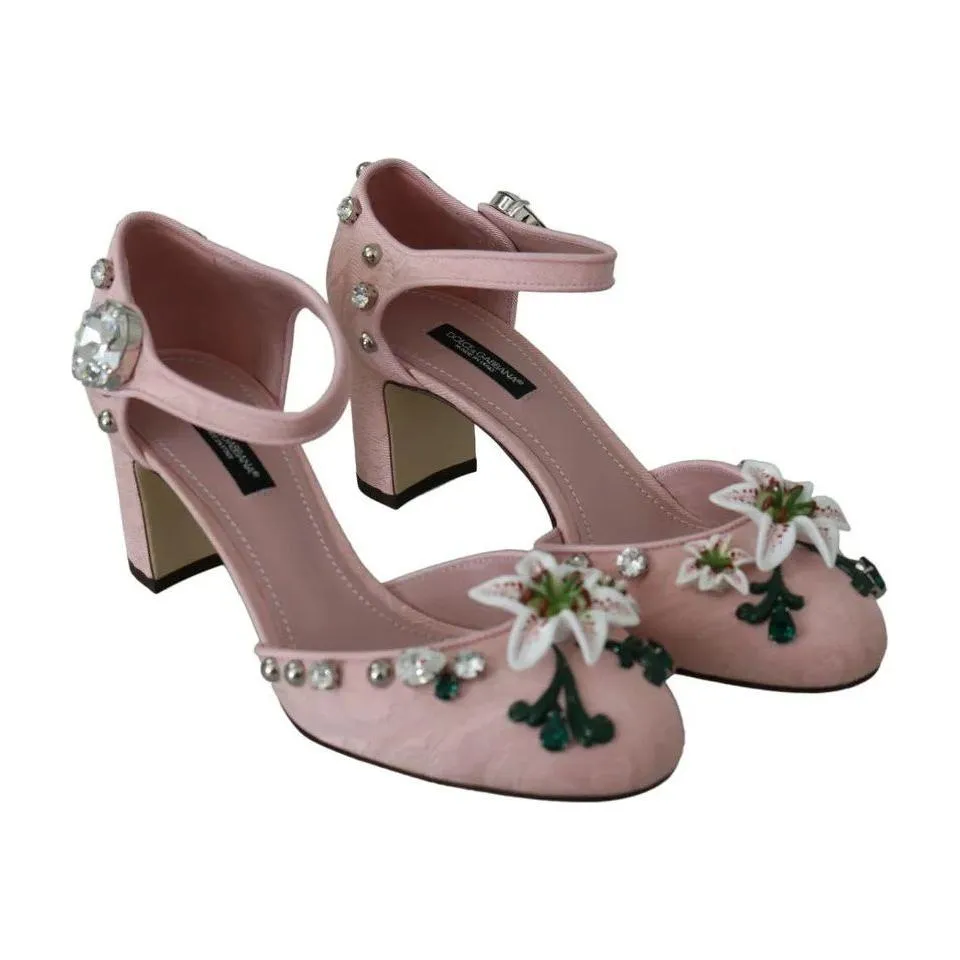 Dolce & Gabbana Pink Brocade Crystal Lily Ankle Strap Shoes