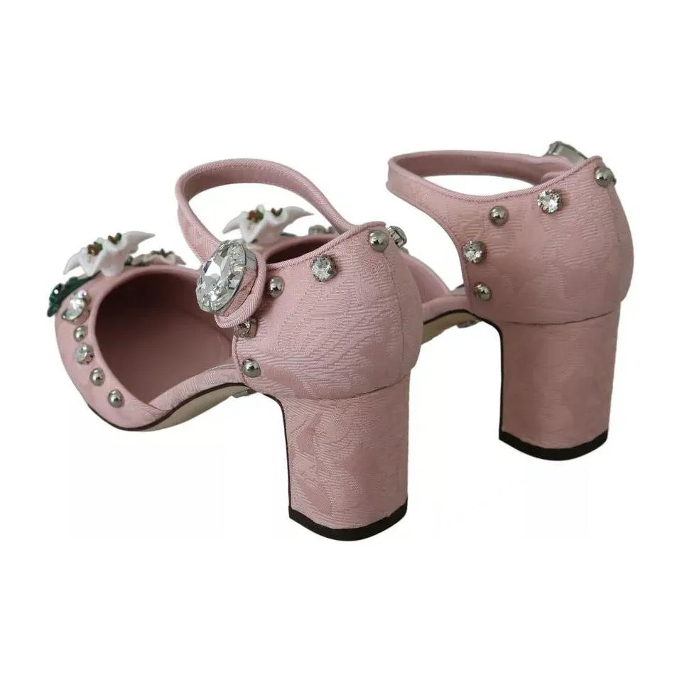 Dolce & Gabbana Pink Brocade Crystal Lily Ankle Strap Shoes