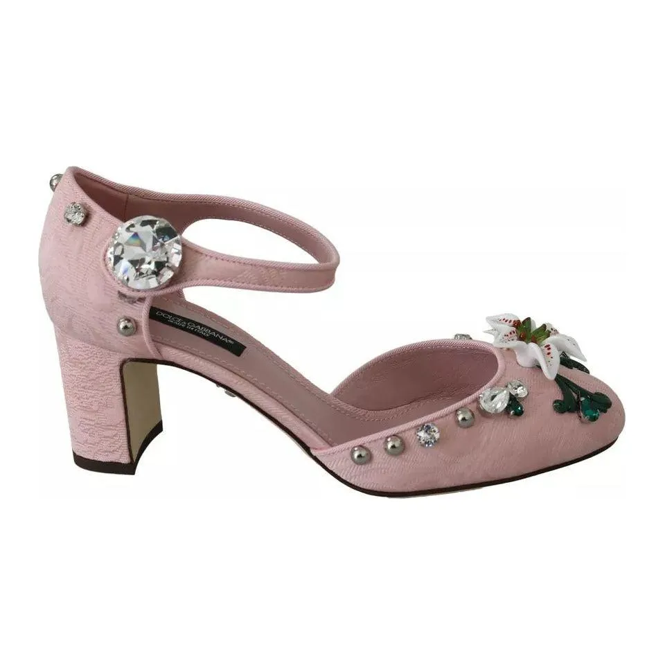 Dolce & Gabbana Pink Brocade Crystal Lily Ankle Strap Shoes