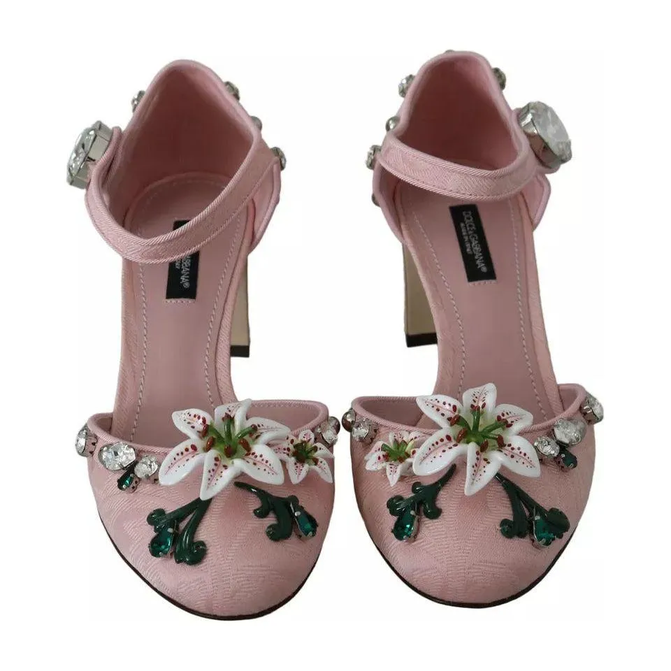 Dolce & Gabbana Pink Brocade Crystal Lily Ankle Strap Shoes