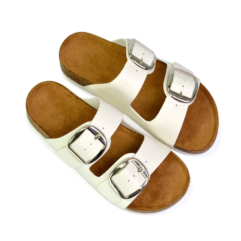 Dolly Slip On Sliders Statement Double Buckle Up Flat Sandals in White