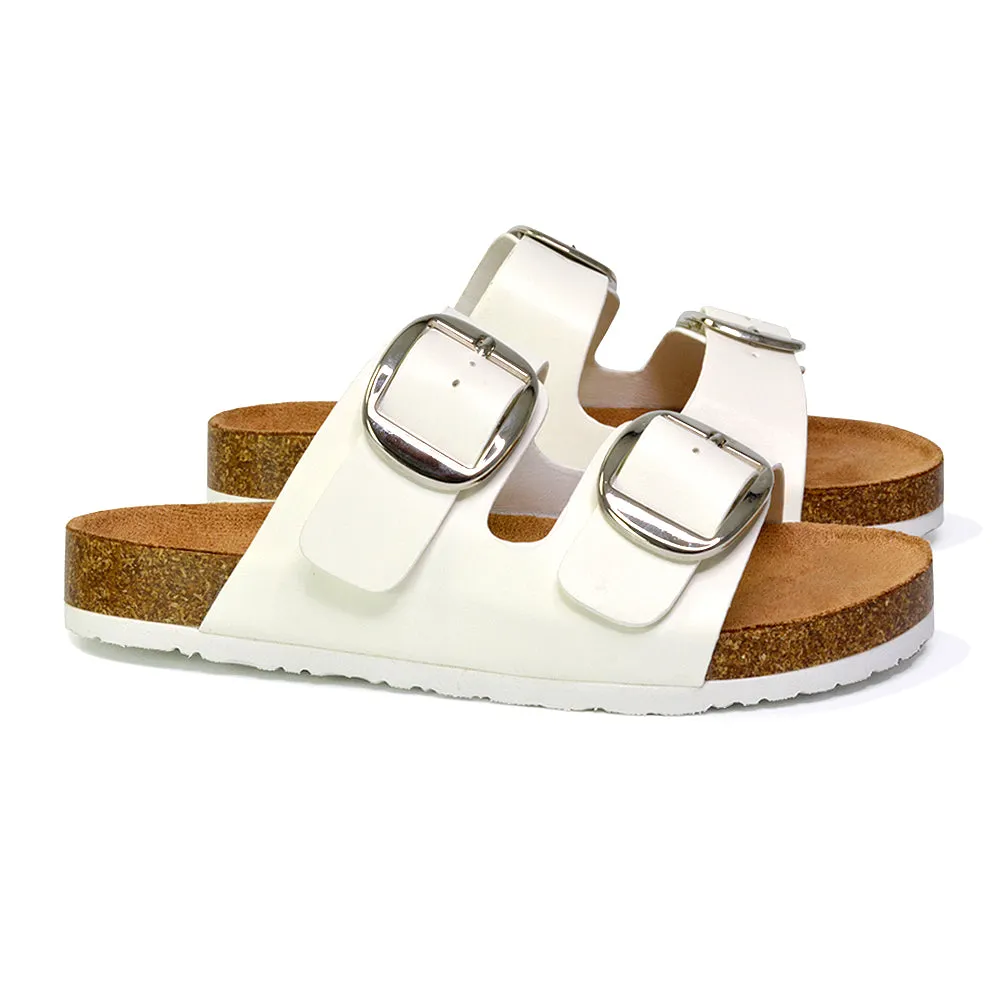 Dolly Slip On Sliders Statement Double Buckle Up Flat Sandals in White