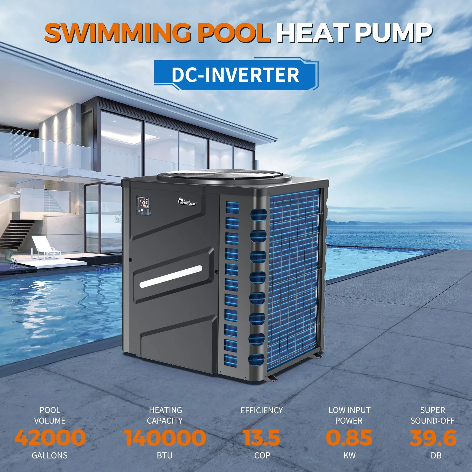 DR. Infrared Heater DR-1400HP Full DC Inverter 140,000 BTU Pool Heat Pump for In-Ground and Above-Ground Swimming Pools, WiFi Smart Control via APP