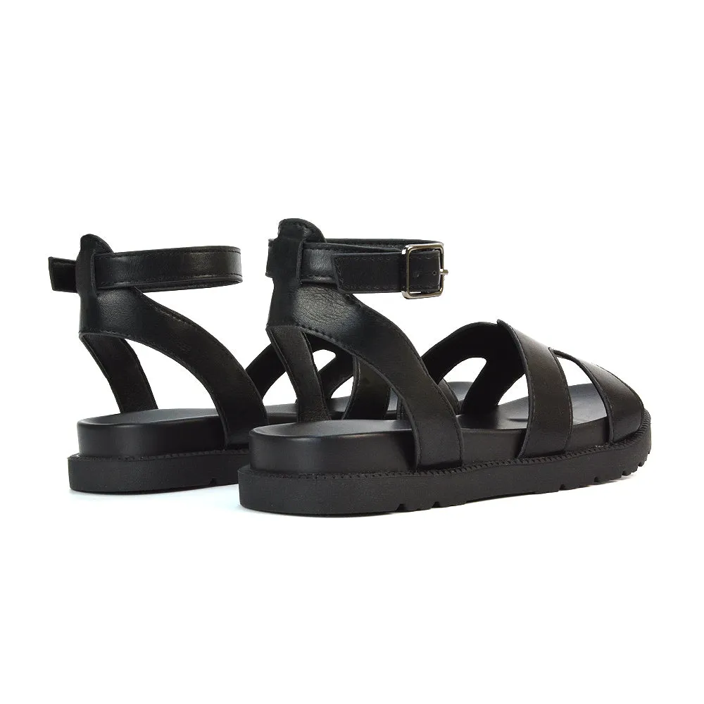 Eboni Ankle Strap Flatform Cut Out Flat Festival Sandals in Black Synthetic Leather