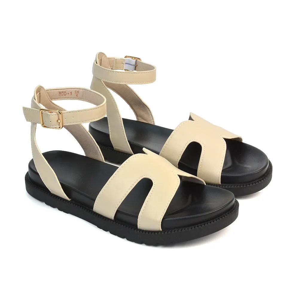 Eboni Ankle Strap Flatform Cut Out Flat Festival Sandals in Black Synthetic Leather