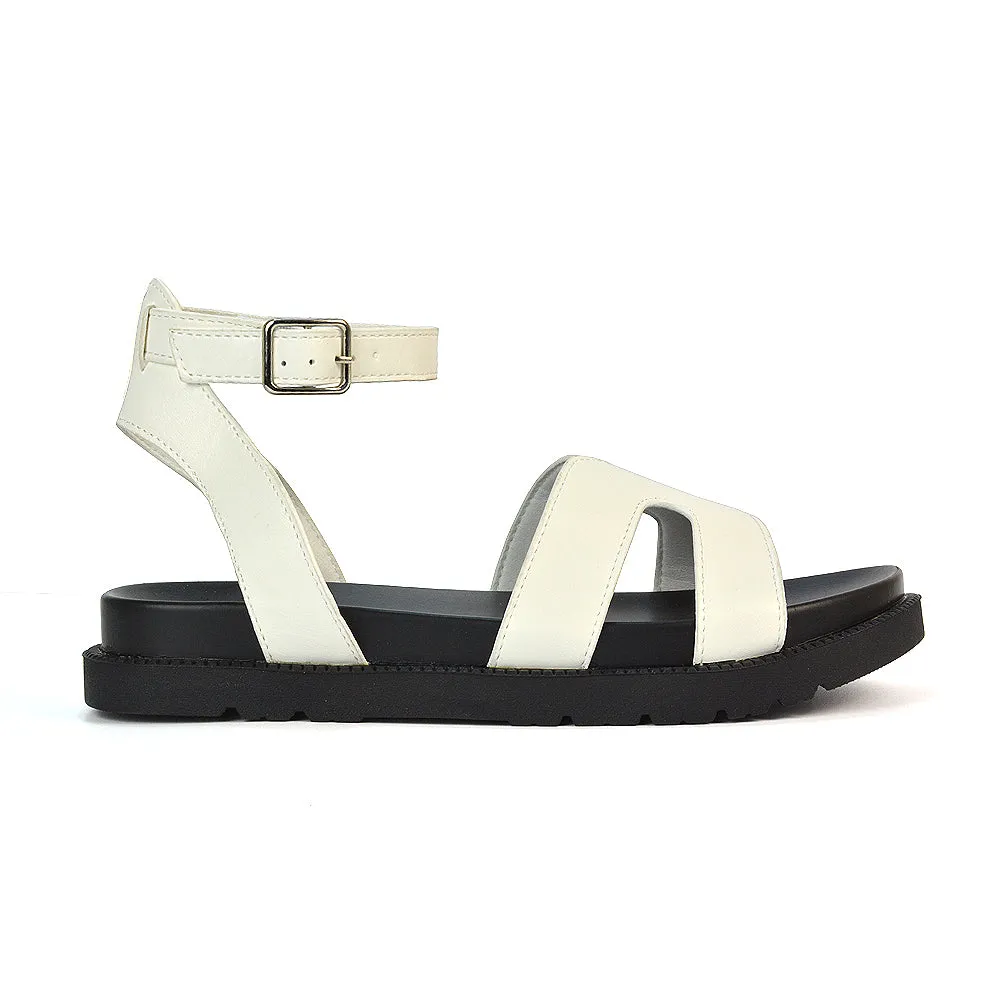 Eboni Ankle Strap Flatform Cut Out Flat Festival Sandals in Black Synthetic Leather