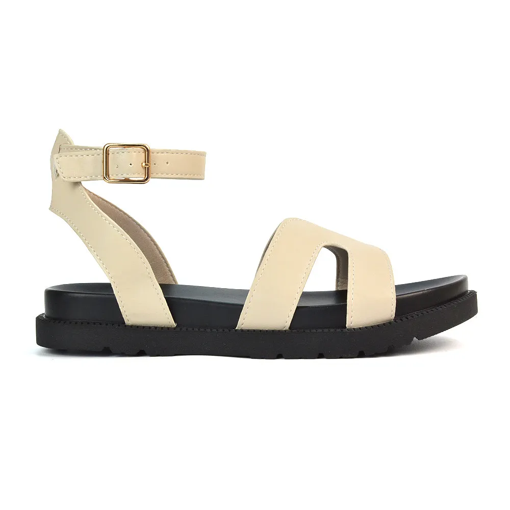 Eboni Ankle Strap Flatform Cut Out Flat Festival Sandals in Black Synthetic Leather