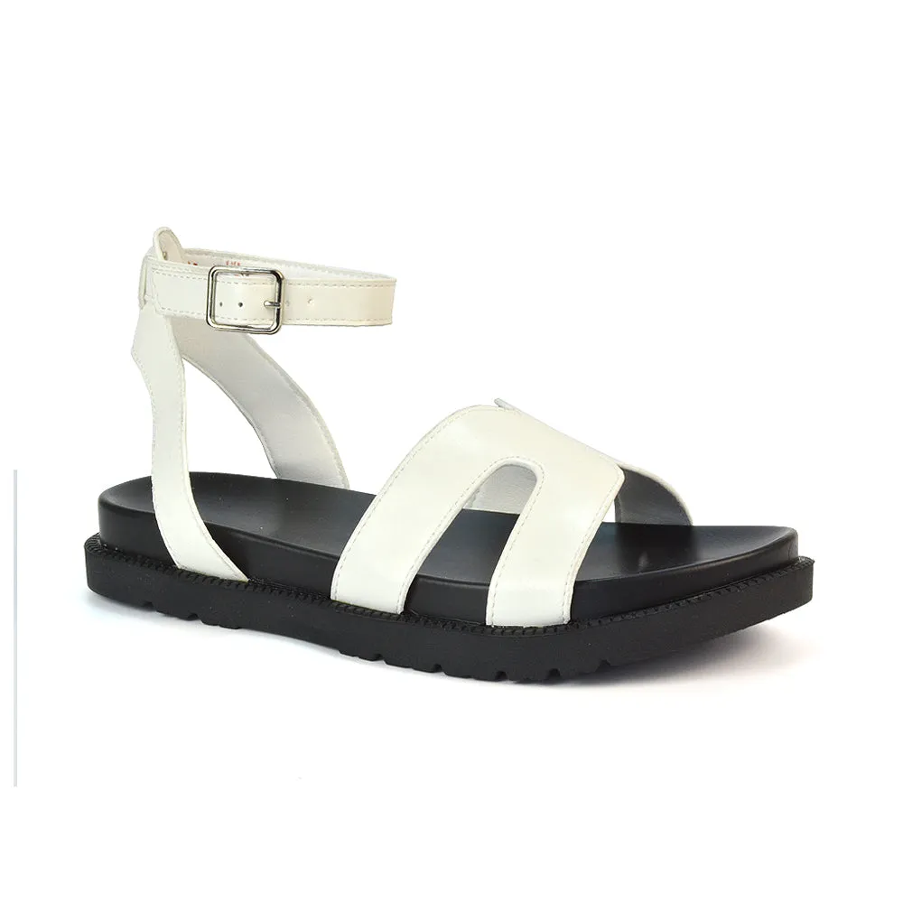 Eboni Ankle Strap Flatform Cut Out Flat Festival Sandals in Black Synthetic Leather