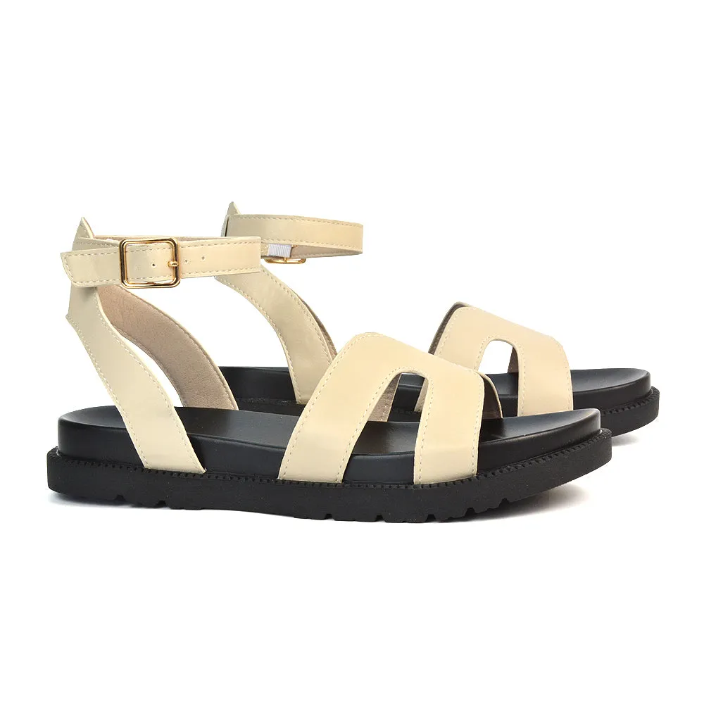 Eboni Ankle Strap Flatform Cut Out Flat Festival Sandals in Black Synthetic Leather