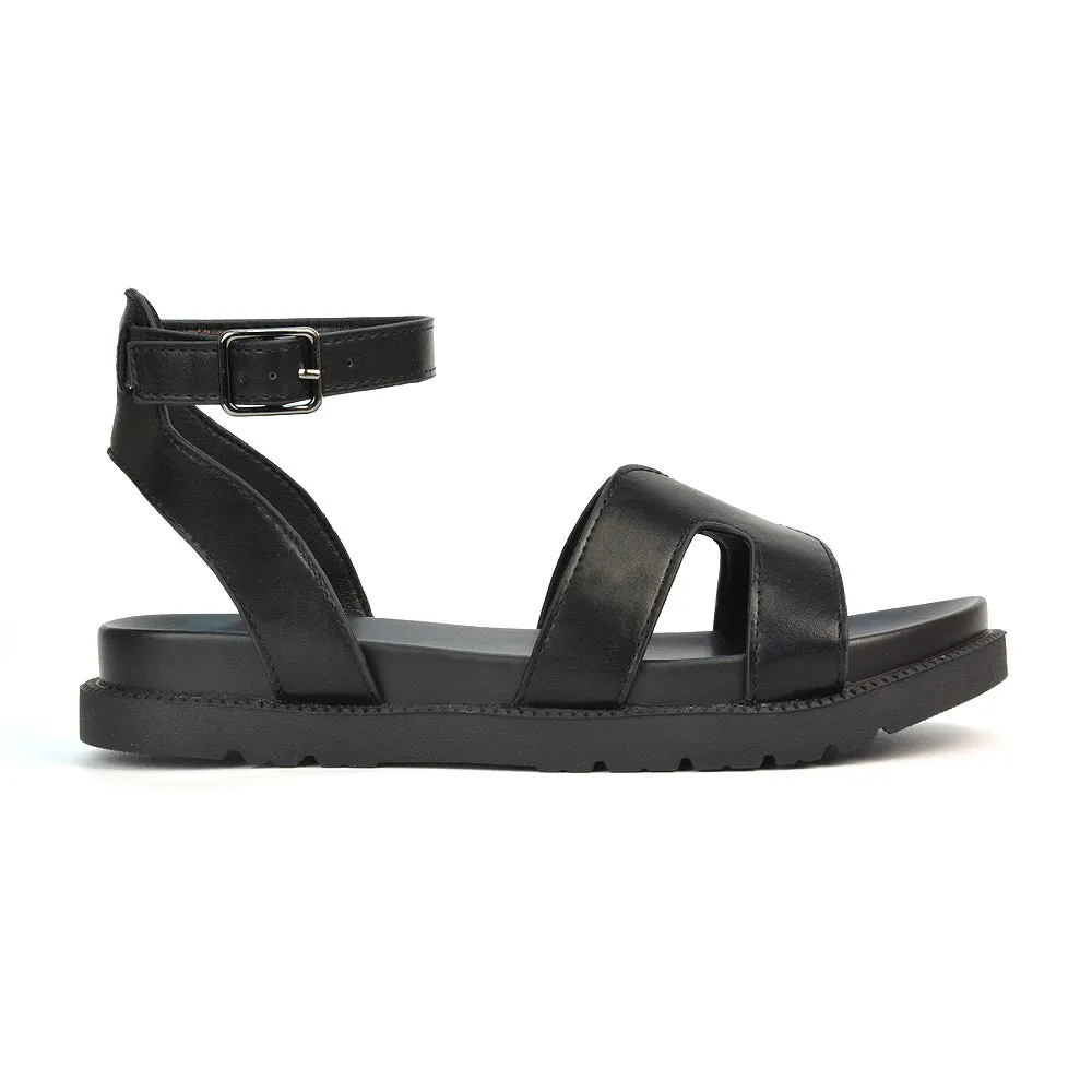 Eboni Ankle Strap Flatform Cut Out Flat Festival Sandals in Black Synthetic Leather