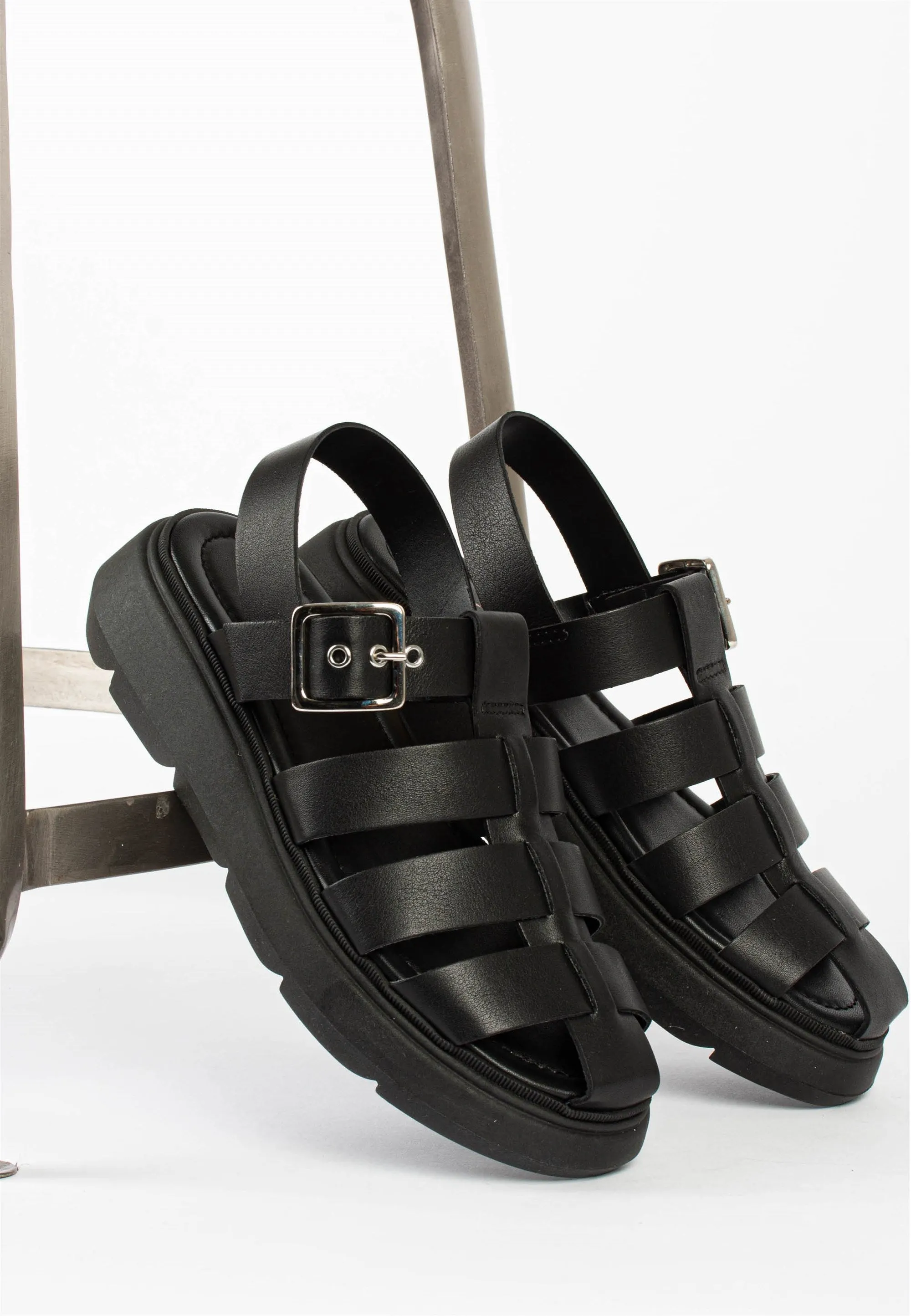 Elisa Black Leather Chunky Sandals