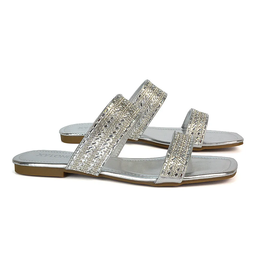 Erica Double Strap Diamante Flat Sandals Rhinestone Sliders in Silver Metallic