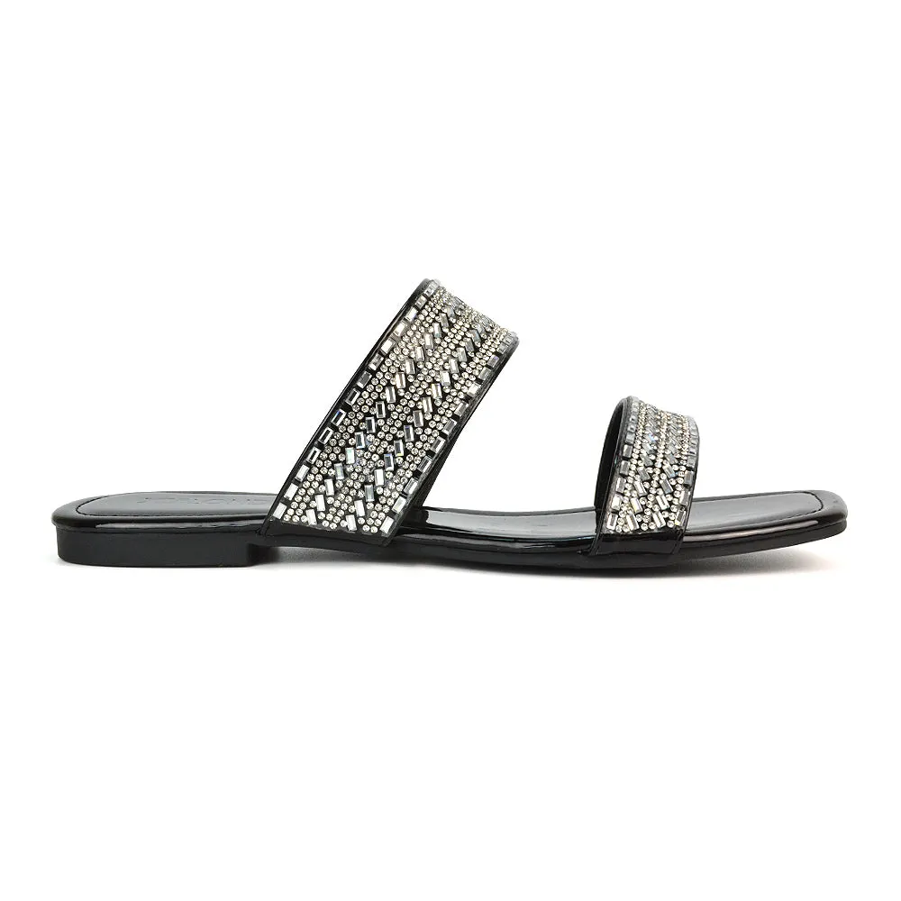 Erica Double Strap Diamante Flat Sandals Rhinestone Sliders in Silver Metallic