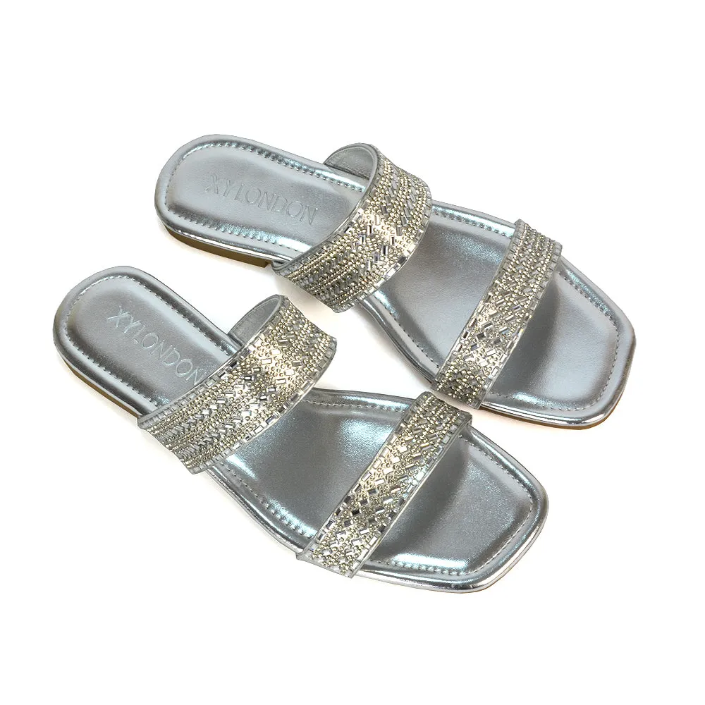 Erica Double Strap Diamante Flat Sandals Rhinestone Sliders in Silver Metallic