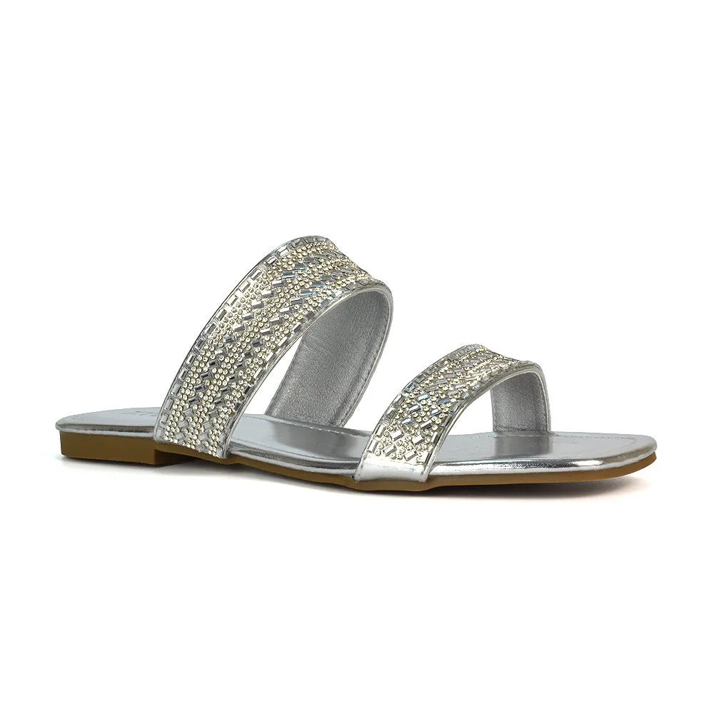 Erica Double Strap Diamante Flat Sandals Rhinestone Sliders in Silver Metallic