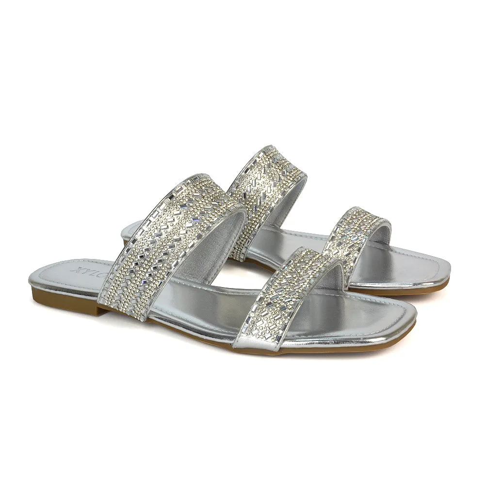 Erica Double Strap Diamante Flat Sandals Rhinestone Sliders in Silver Metallic