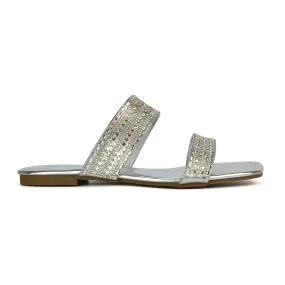 Erica Double Strap Diamante Flat Sandals Rhinestone Sliders in Silver Metallic