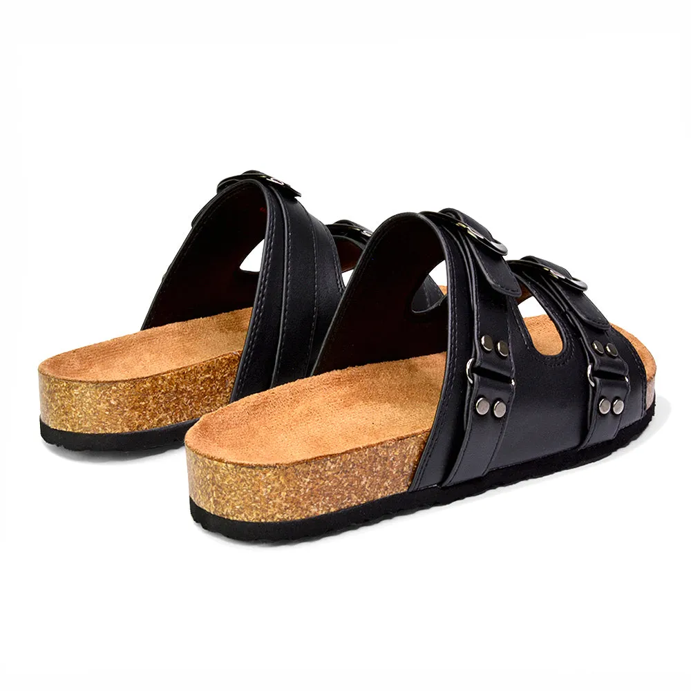 Evan Strappy Slip On Mule Summer Holiday Buckle Flat Sandals Sliders in Black