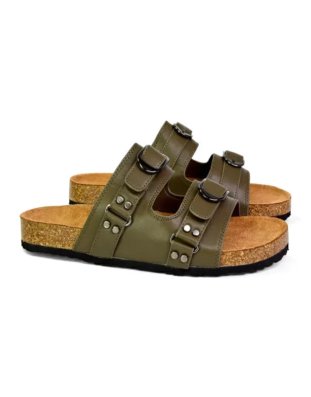 Evan Strappy Slip On Mule Summer Holiday Buckle Flat Sandals Sliders in Khaki