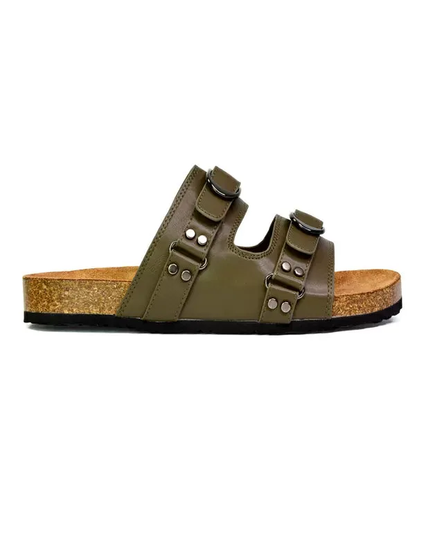 Evan Strappy Slip On Mule Summer Holiday Buckle Flat Sandals Sliders in Khaki