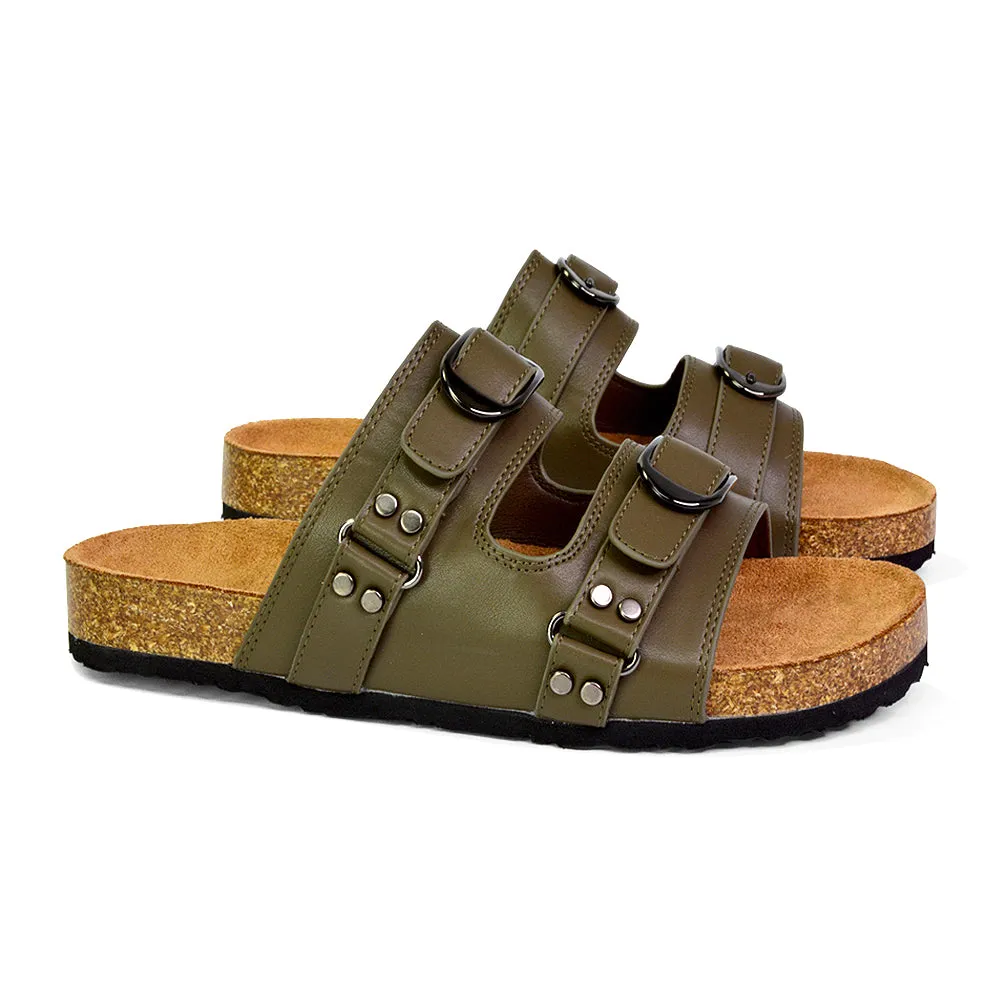 Evan Strappy Slip On Mule Summer Holiday Buckle Flat Sandals Sliders in Khaki