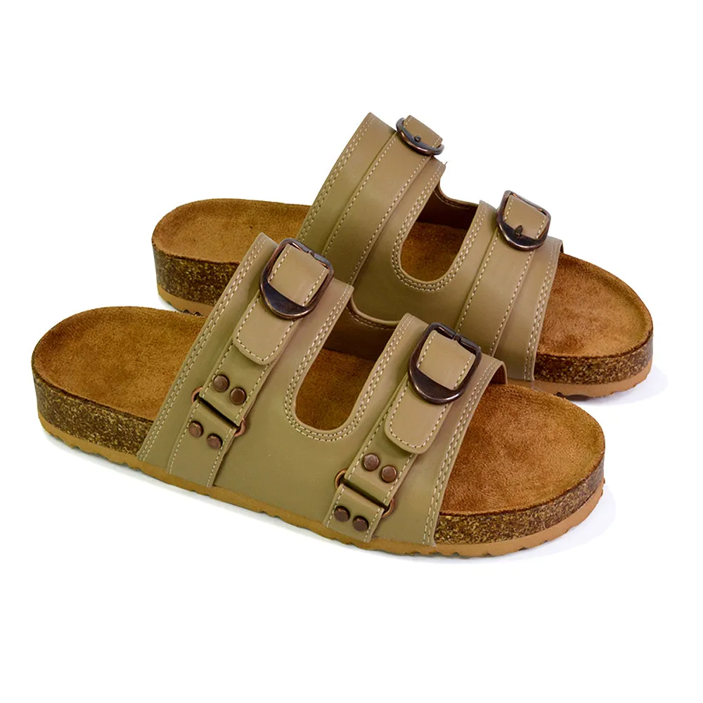 Evan Strappy Slip On Mule Summer Holiday Buckle Flat Sandals Sliders in Khaki