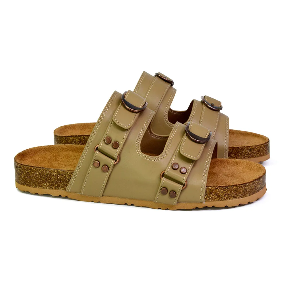 Evan Strappy Slip On Mule Summer Holiday Buckle Flat Sandals Sliders in Tan