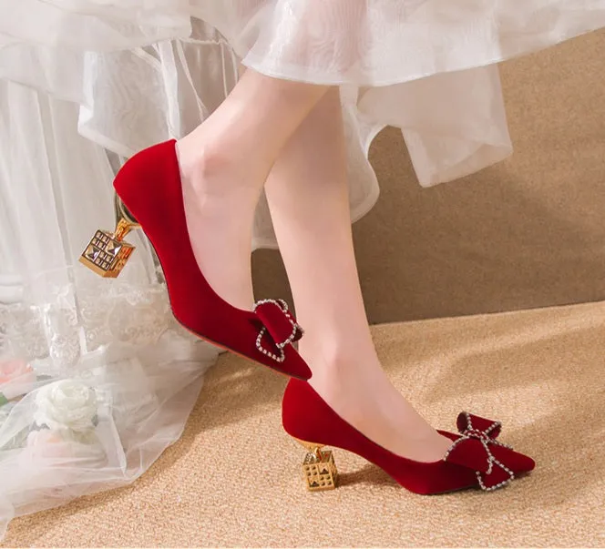 Exotic Red Bow Embellished Court Heels