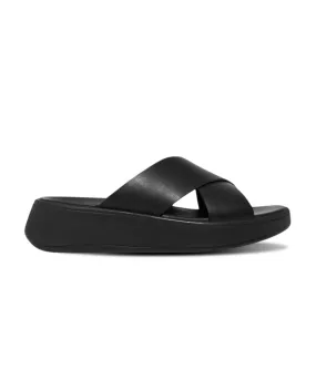 FitFlop F-Mode Leather Flatform Cross Slides Black