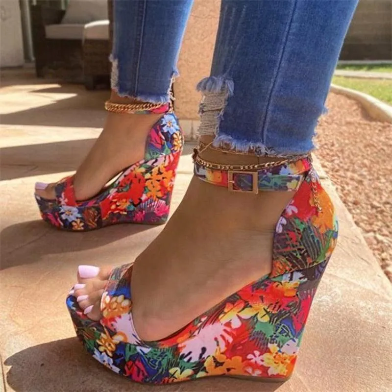 Floral Peep Toe Wedge Shoes