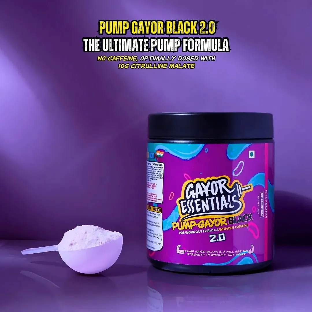 Gayor essentials Pump gayor black 2.O advanced pre workout formula without caffeine 10g citrulline malate caffeine free preworkout (351g, Raspberry)