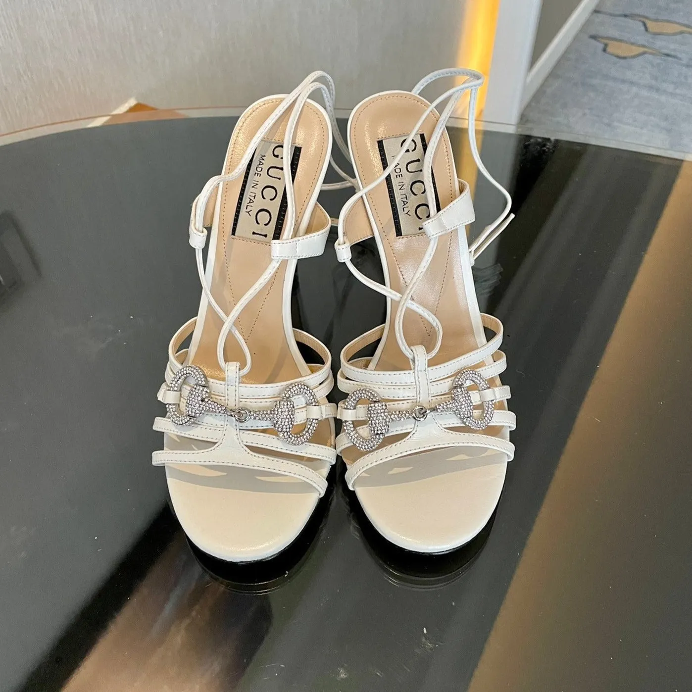 GG CRYSTAL HORSEBIT SANDAL CREAMY WHITE LAMBSKIN