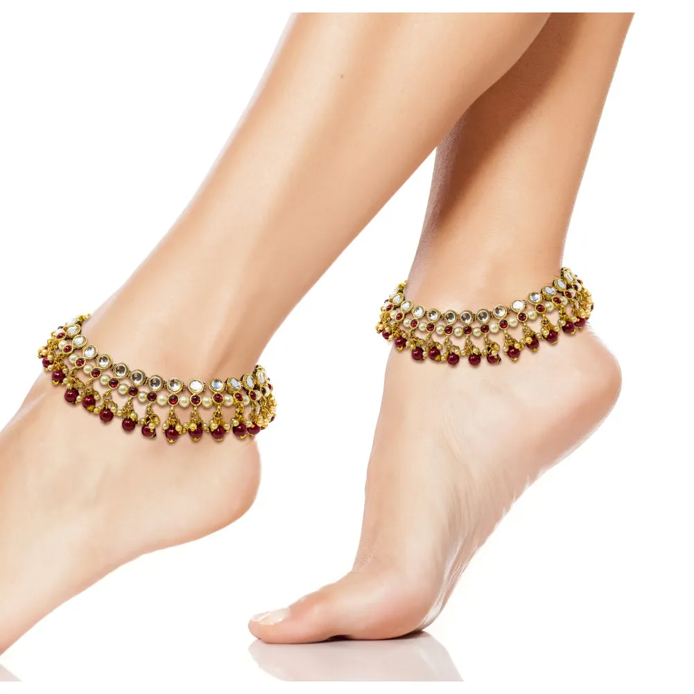 Gold Plated Indian Traditional Bridal Red Kundan Crystal Rhinestone Bell Anklet Pair For Women - Dance Party Wedding  - Duel On Jewel