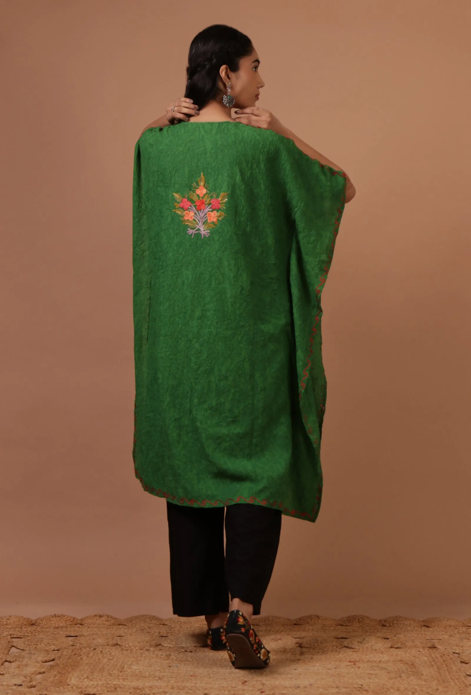 Green Cotton Crush Ari Embroidered Kaftan- Free Size