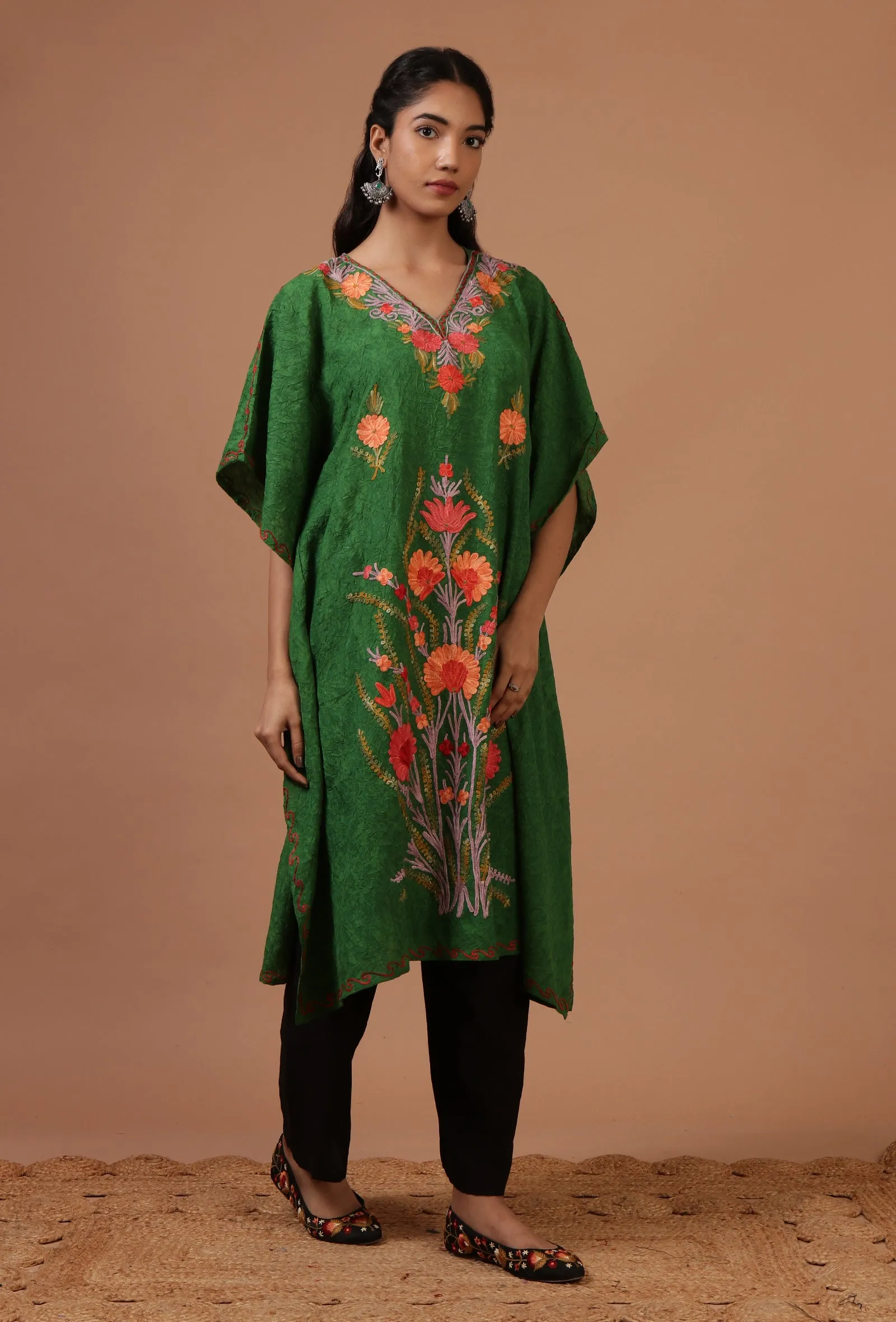 Green Cotton Crush Ari Embroidered Kaftan- Free Size