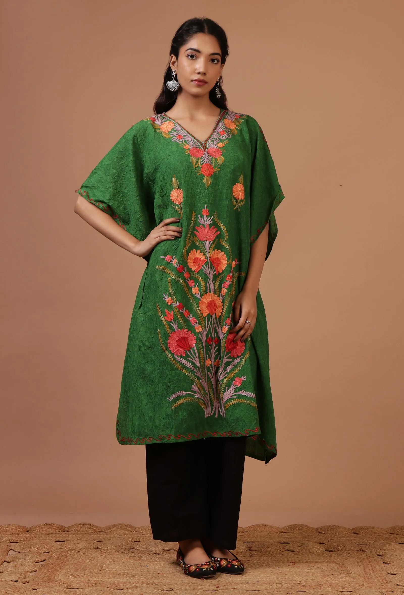 Green Cotton Crush Ari Embroidered Kaftan- Free Size