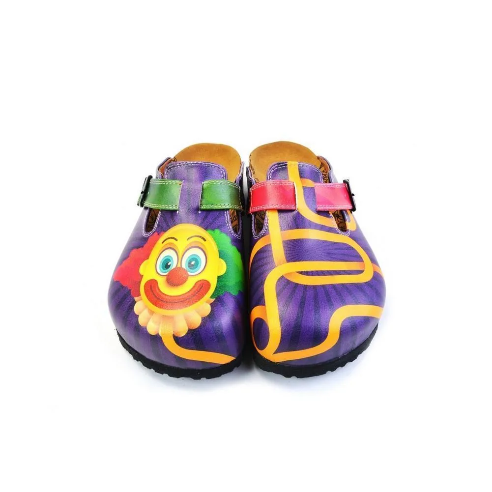 Green, Purple and Red Colored Patterned and Yellow Clown Patterned Clogs - WCAL365