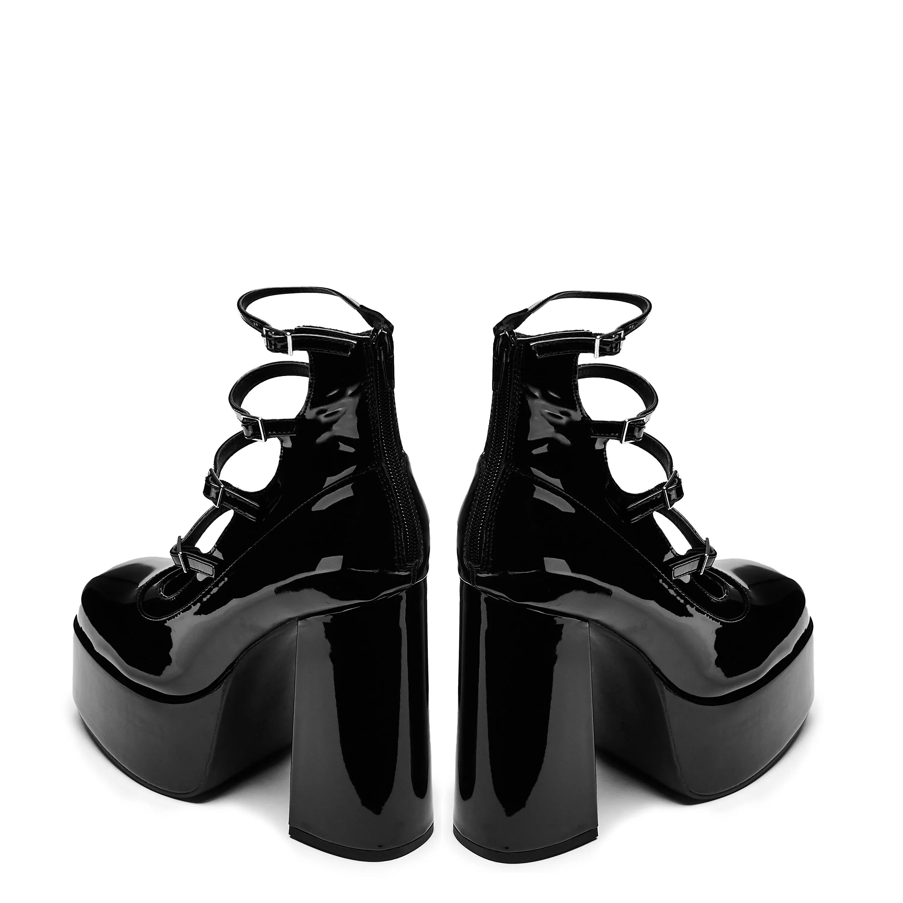 Gurren Strappy Black Patent Platform Heels