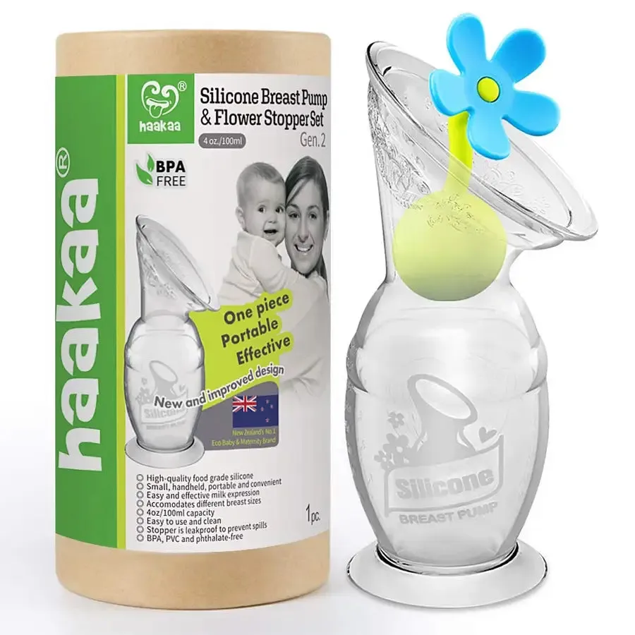 Haakaa Silicone Breast Pump & Flower Stopper (Blue)