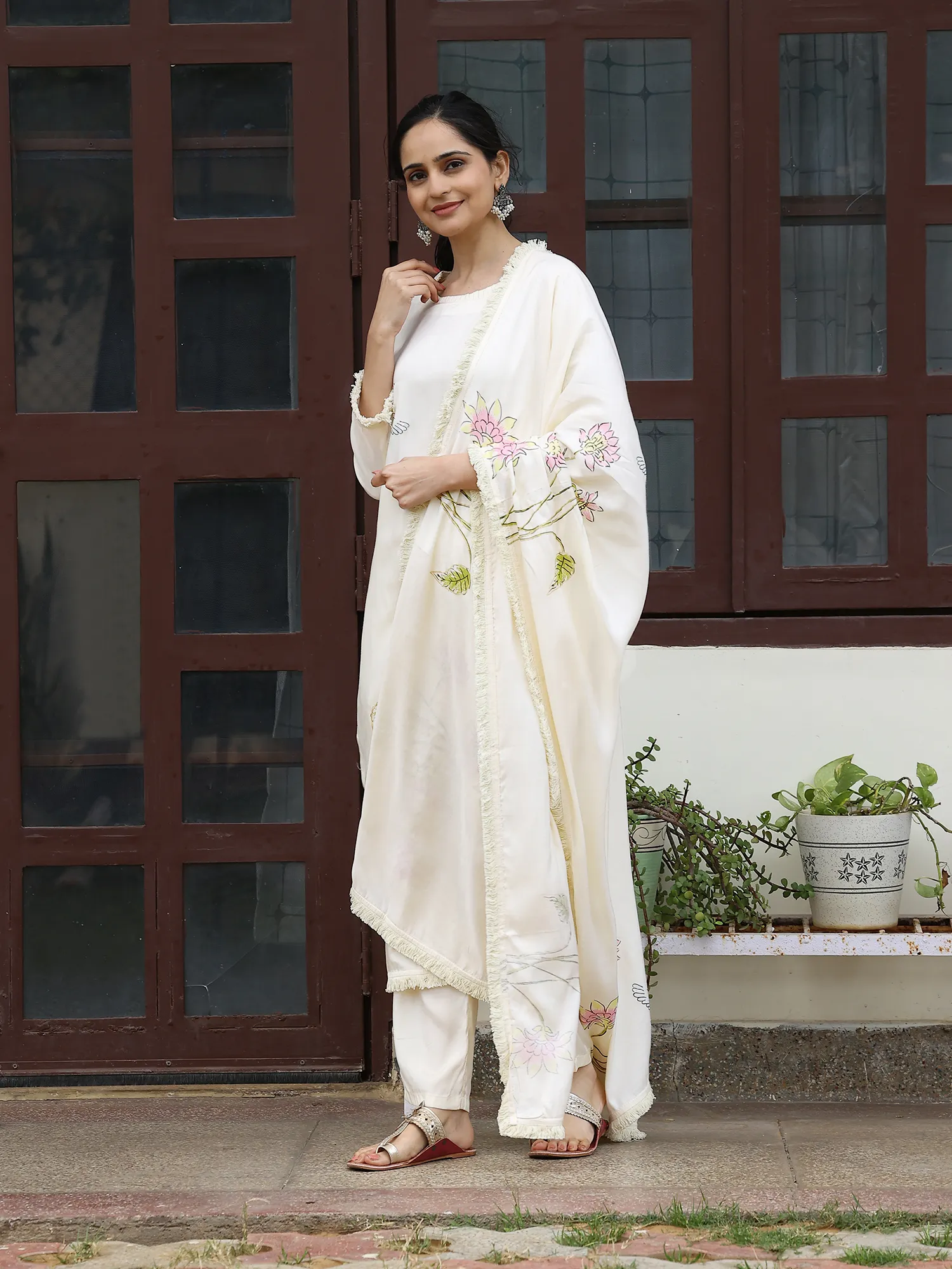 Hand Painted Cream Viscose Kurta Set