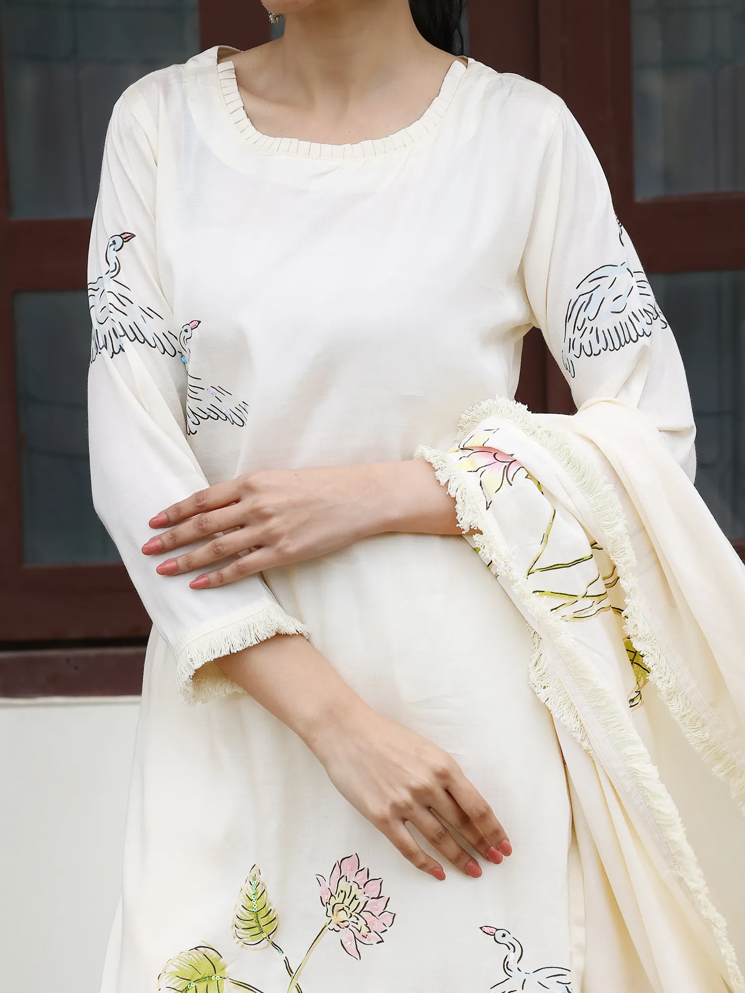 Hand Painted Cream Viscose Kurta Set