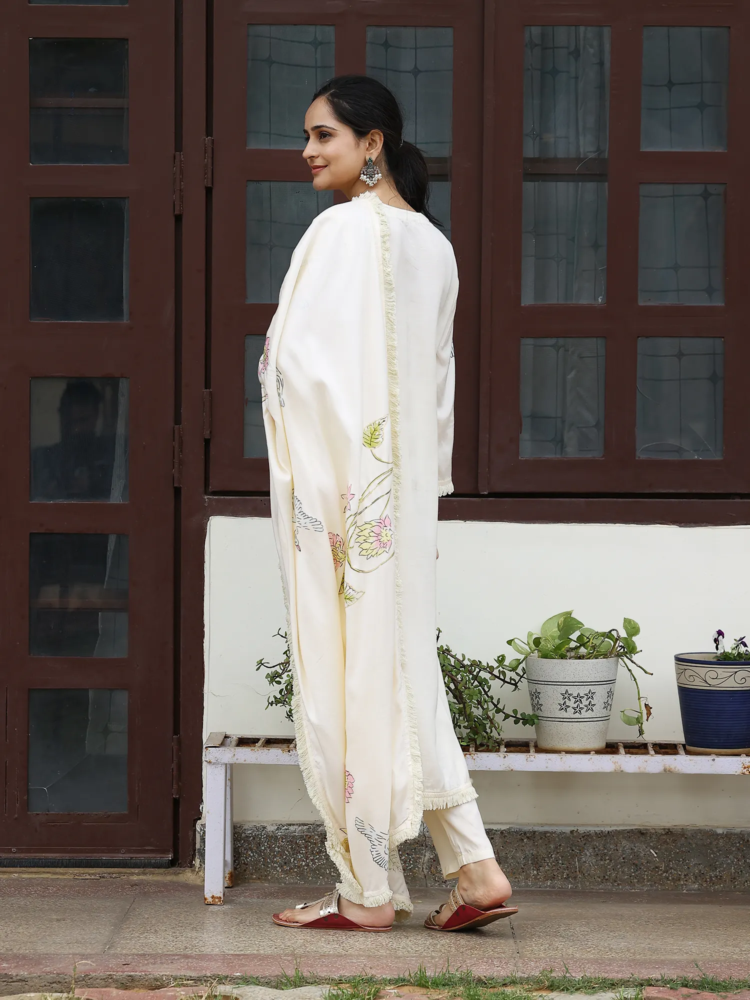 Hand Painted Cream Viscose Kurta Set