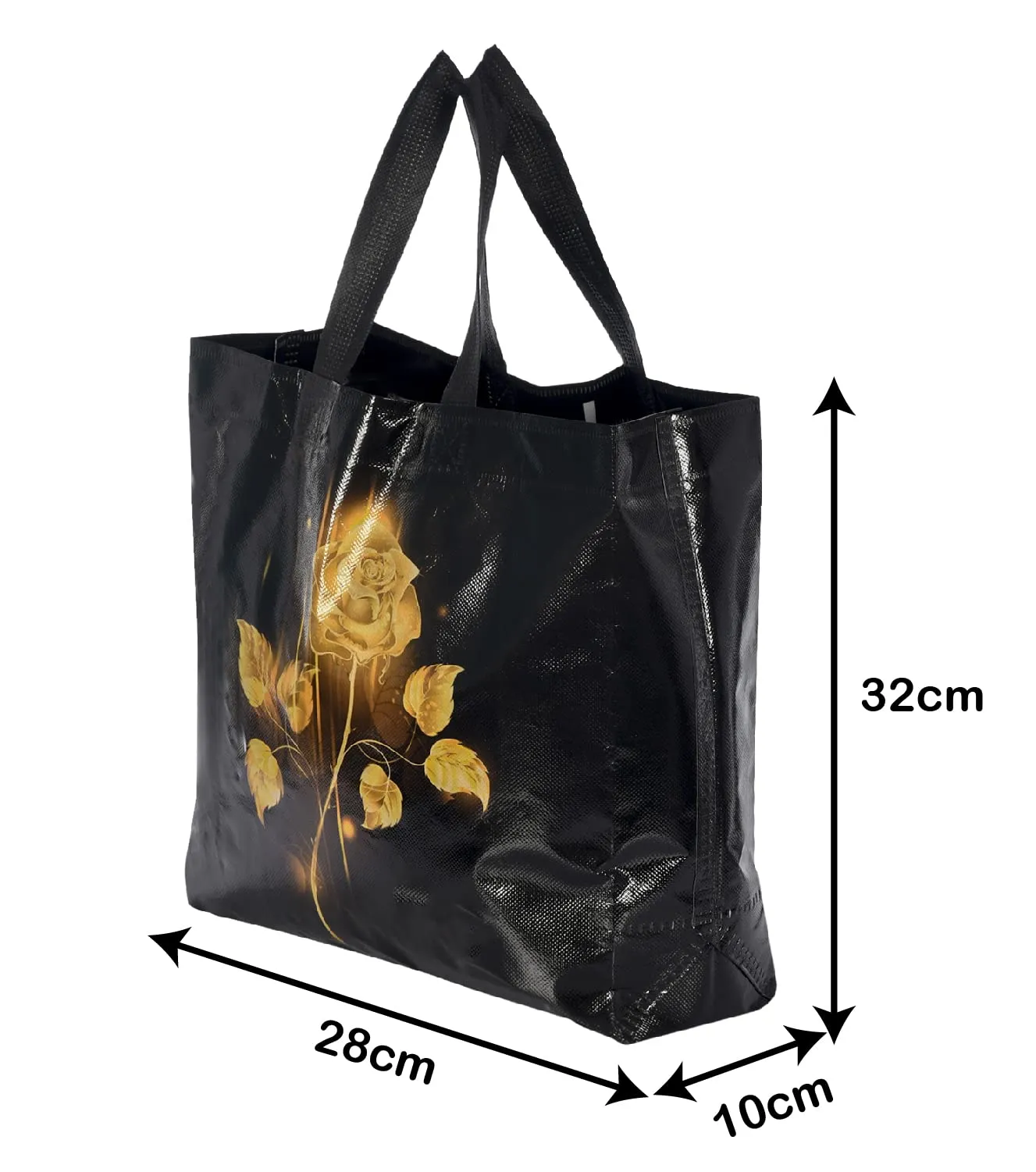 Heart Home Rose Printed Laminated Non Woven Party Favor Gift Bag, Tote Bag, Carry Bags with Handles- Pack of 36 (Black)-50HH01140