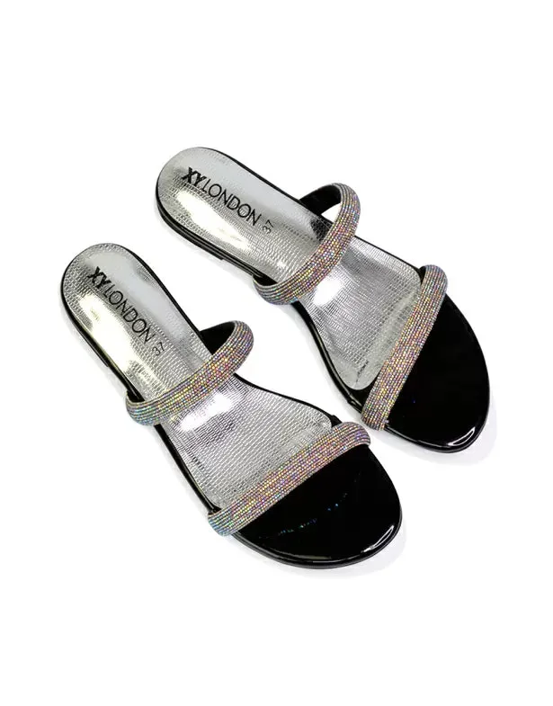 Hope Slip On Sparkly Bridal Shoes Summer Diamante Flat Sandals in Black